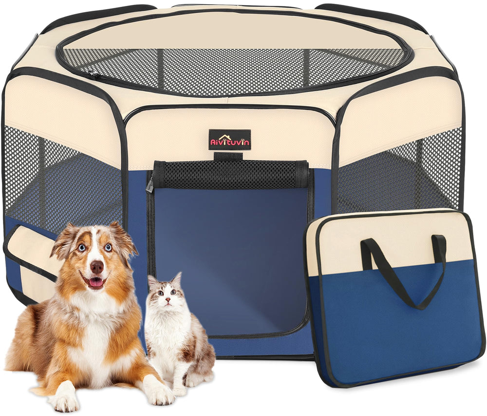 Aivituvin dog playpen folded in blue M carrying bag for easy storage and travel.