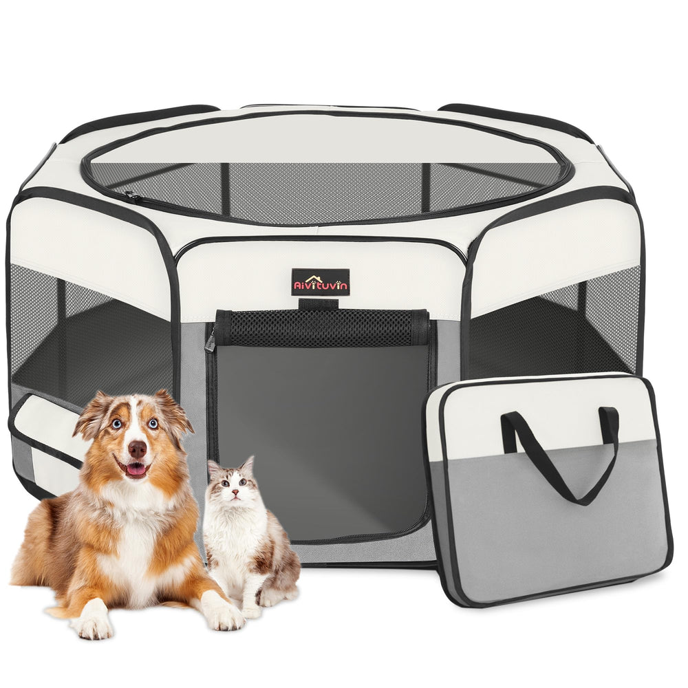 Aivituvin dog playpen folded in a compact bag for easy travel and storage.