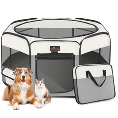 Aivituvin dog playpen folded in a compact bag for easy travel and storage.