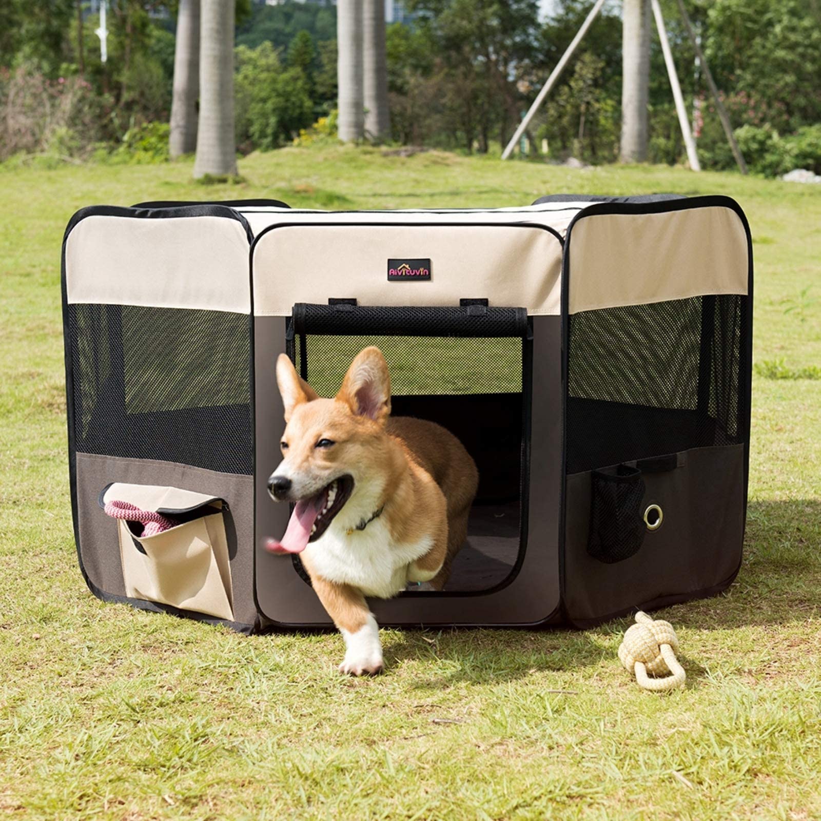 Aivituvin dog playpen open 8-panel layout provides a roomy interior.