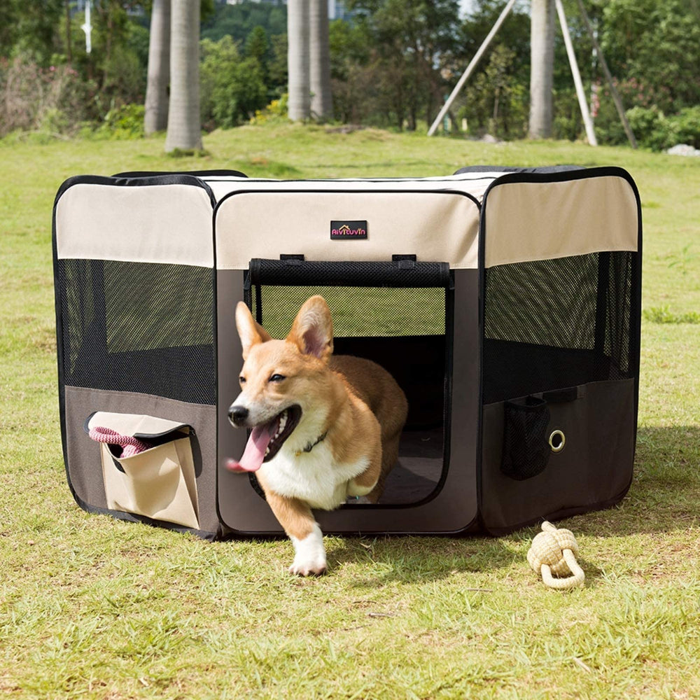 Aivituvin dog playpen open 8-panel layout provides a roomy interior.