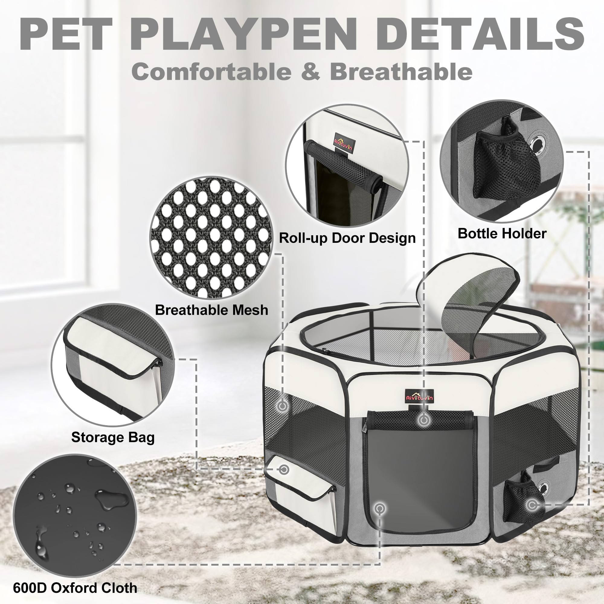 Aivituvin dog playpen opened and set up, showcasing quick assembly and spacious interior.