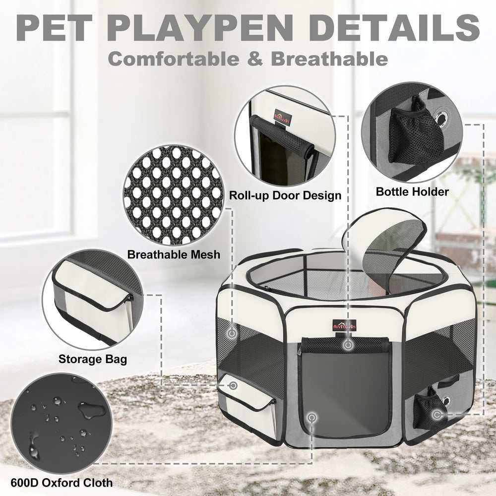 Aivituvin dog playpen opened and set up, showcasing quick assembly and spacious interior.