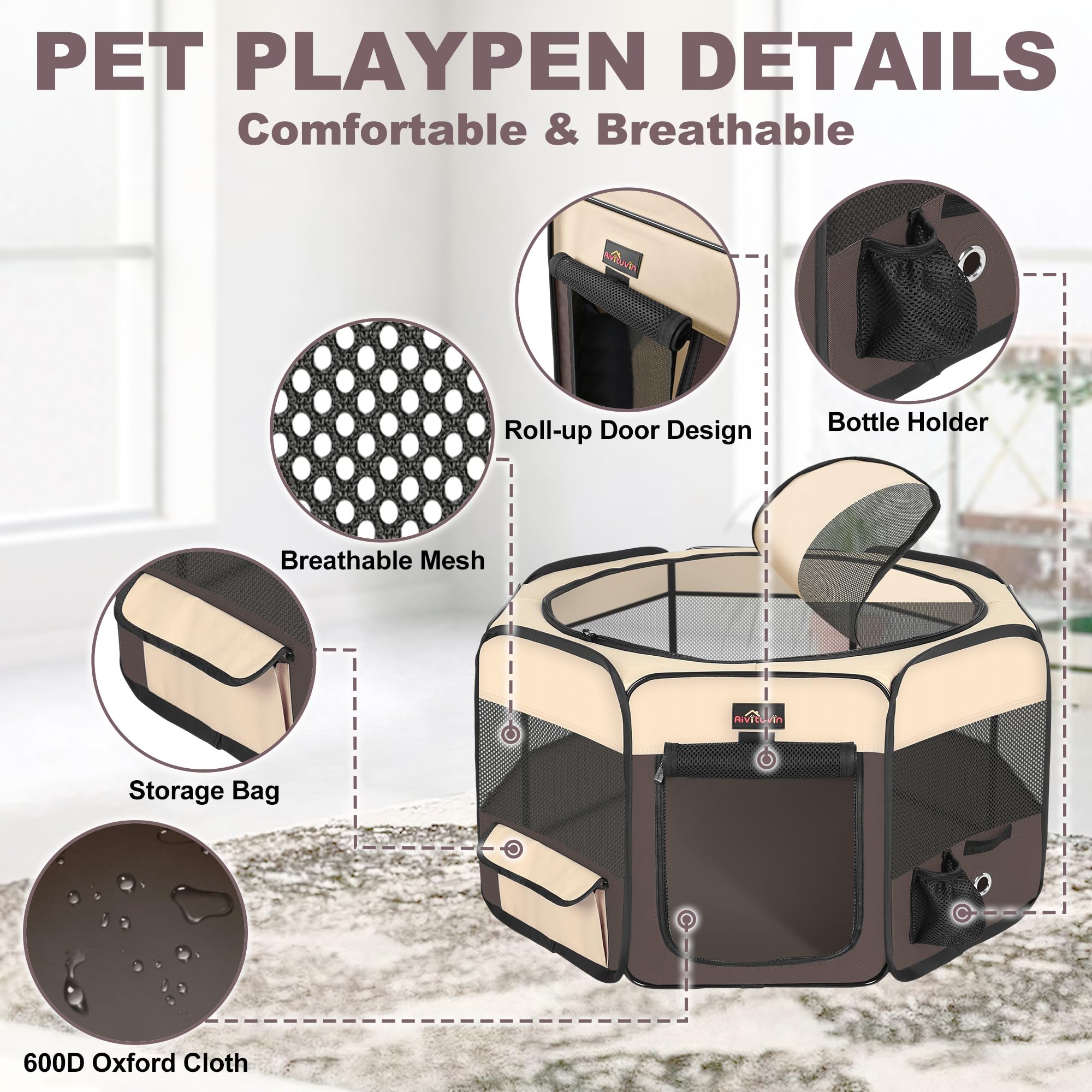 Aivituvin dog playpen removable top mesh ensures airflow and comfort.