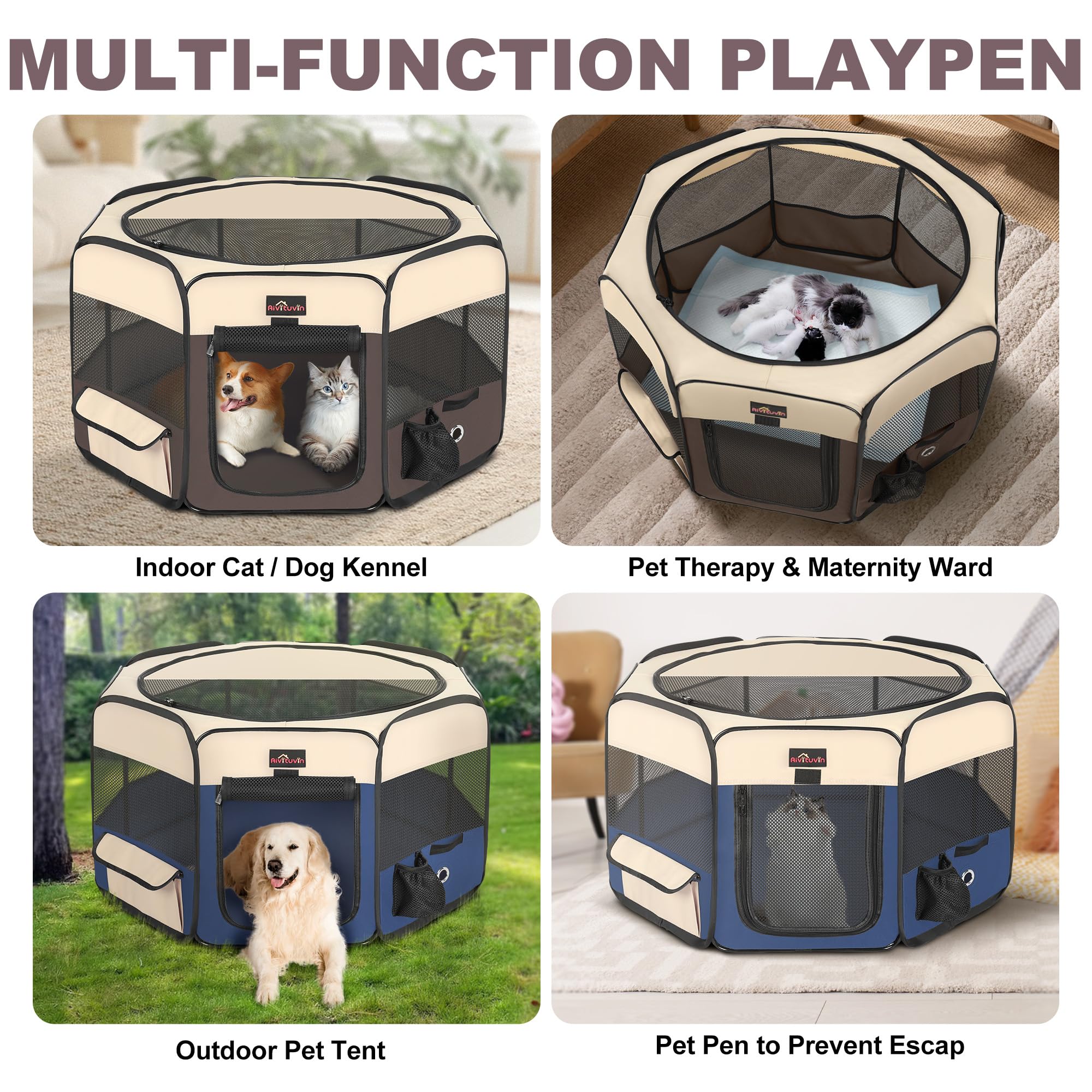 Aivituvin dog playpen side-pocket storage keeps treats and toys handy.