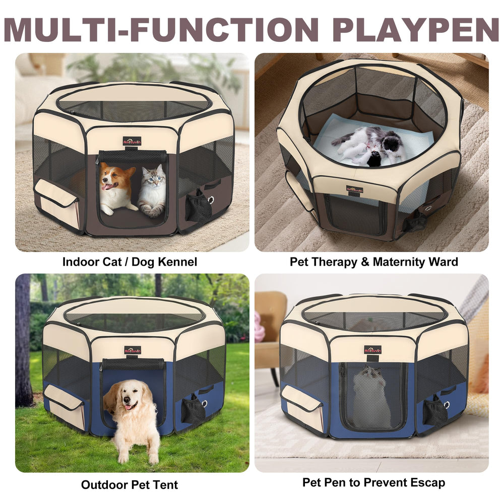 Aivituvin dog playpen side-pocket storage keeps treats and toys handy.