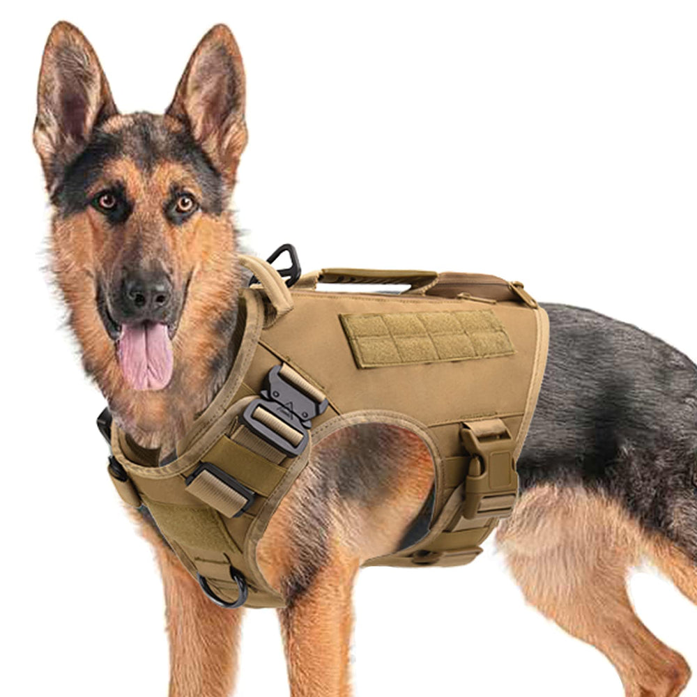 AIWAI tactical dog backpack harness with side bags in khaki for service and training uses.
