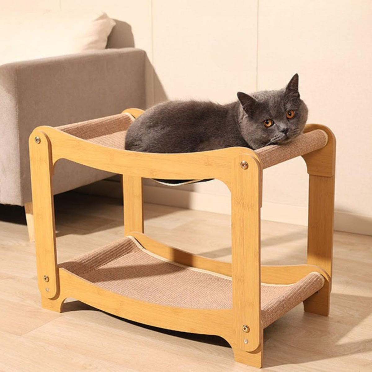 AixinPet Love two-level sisal cat scratcher bed front view – sturdy frame and elevated lounging
