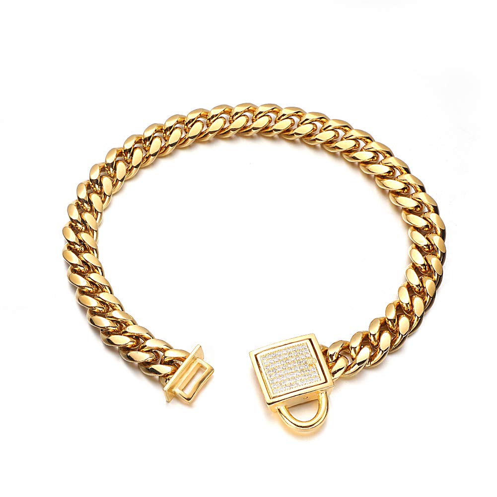 AIYIDI gold dog collar Cuban-link 10mm 8inch, durable 316L steel.