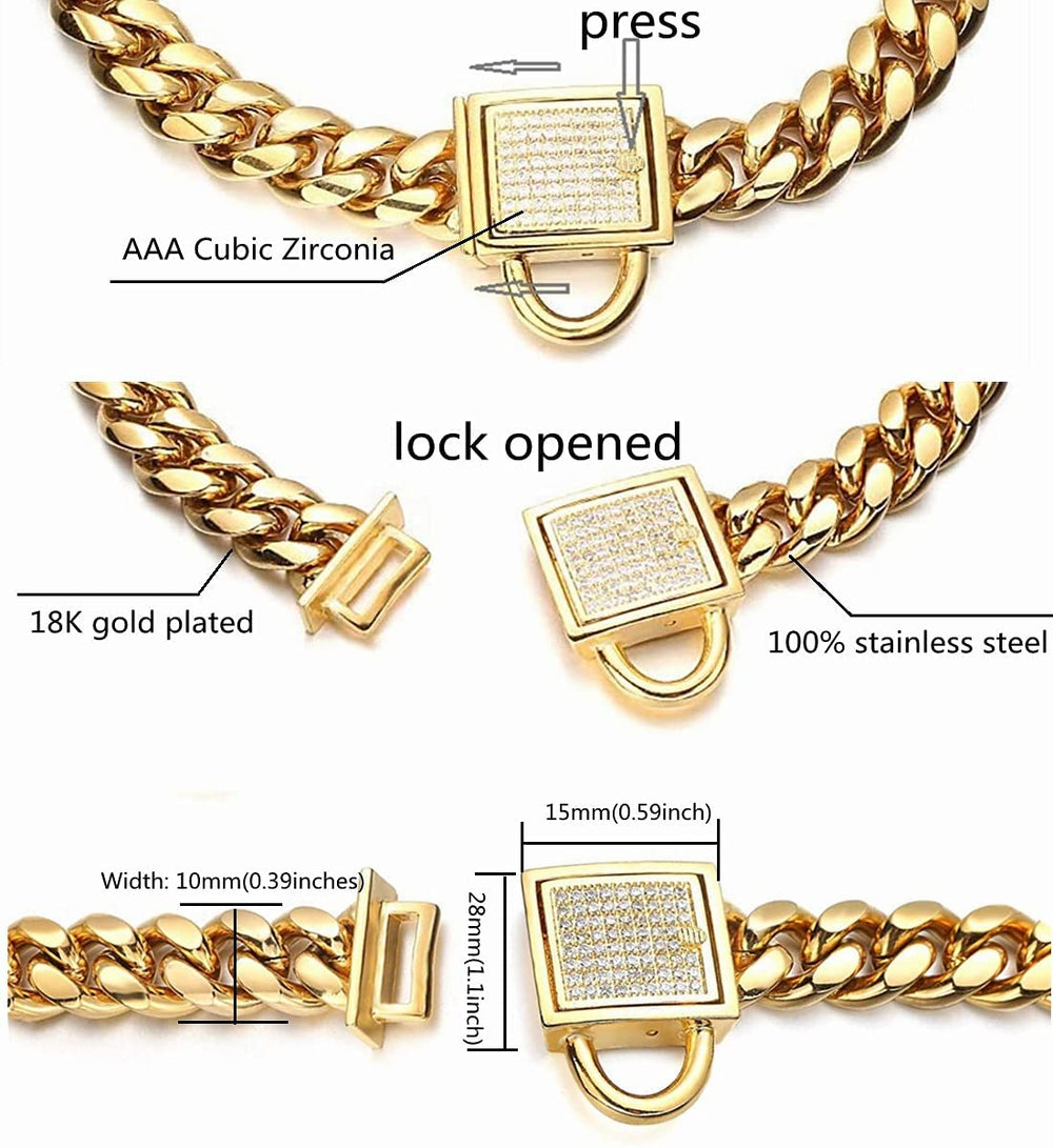 AIYIDI gold dog collar on neck demonstrates comfortable fit and style.