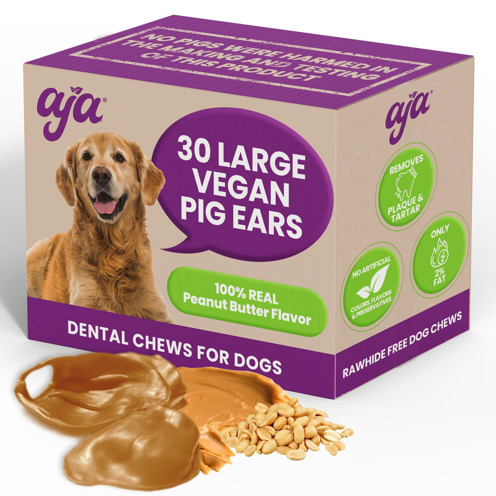 AJA Dentachews 6-inch vegan pig ears packaging for long-lasting, rawhide-free chews.