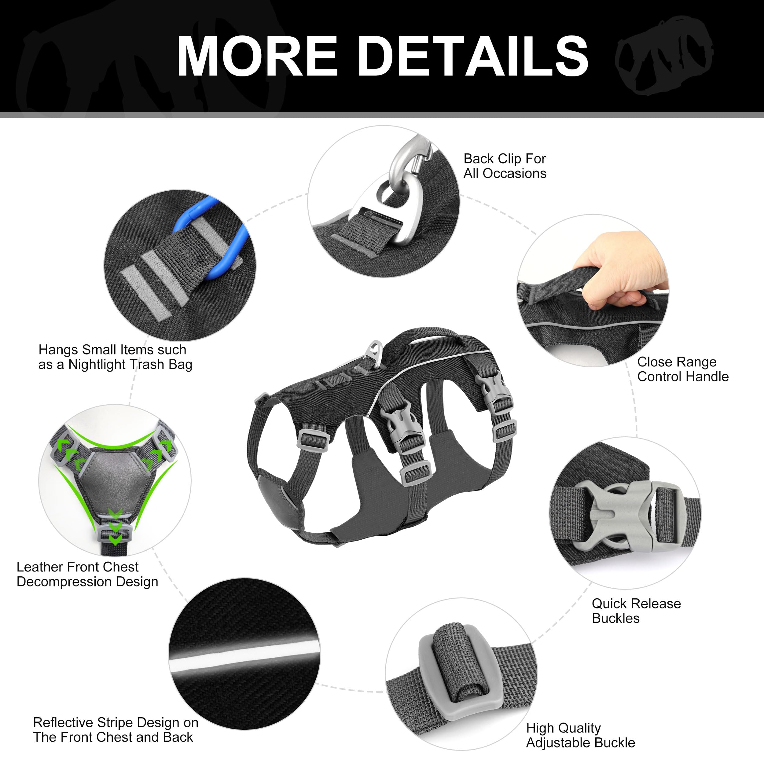 AKAILEA escape-proof harness back view with D-ring for leash control.
