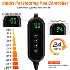 AKAOLA heated pet bed temperature controller displaying 11 heat settings