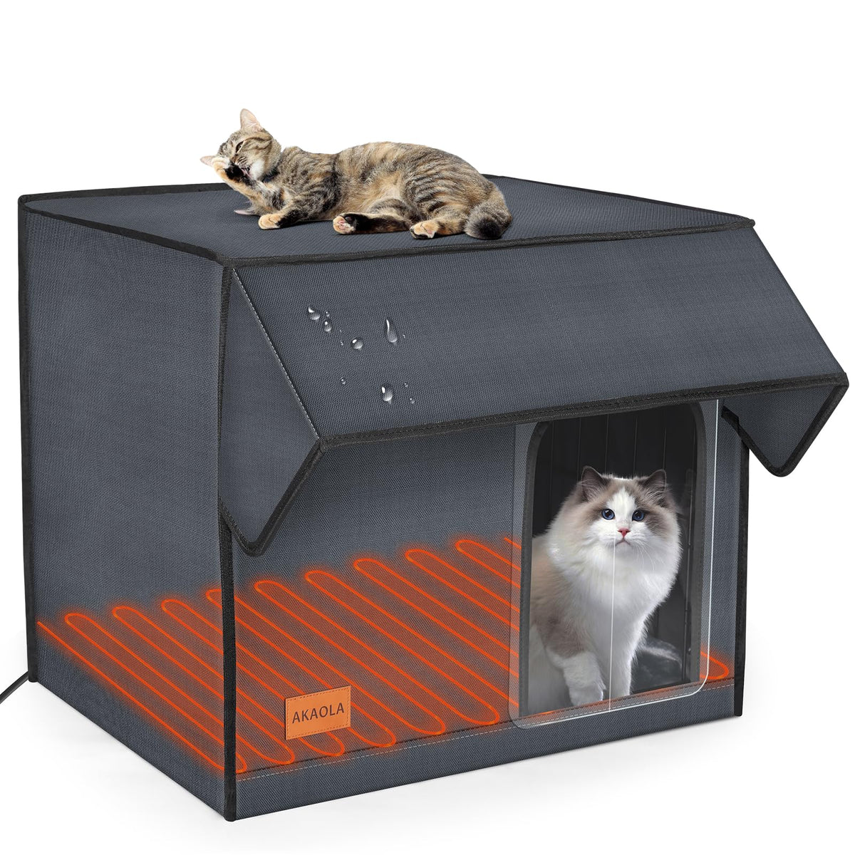 AKAOLA large heated cat house outdoors providing a warm winter refuge for feral cats.