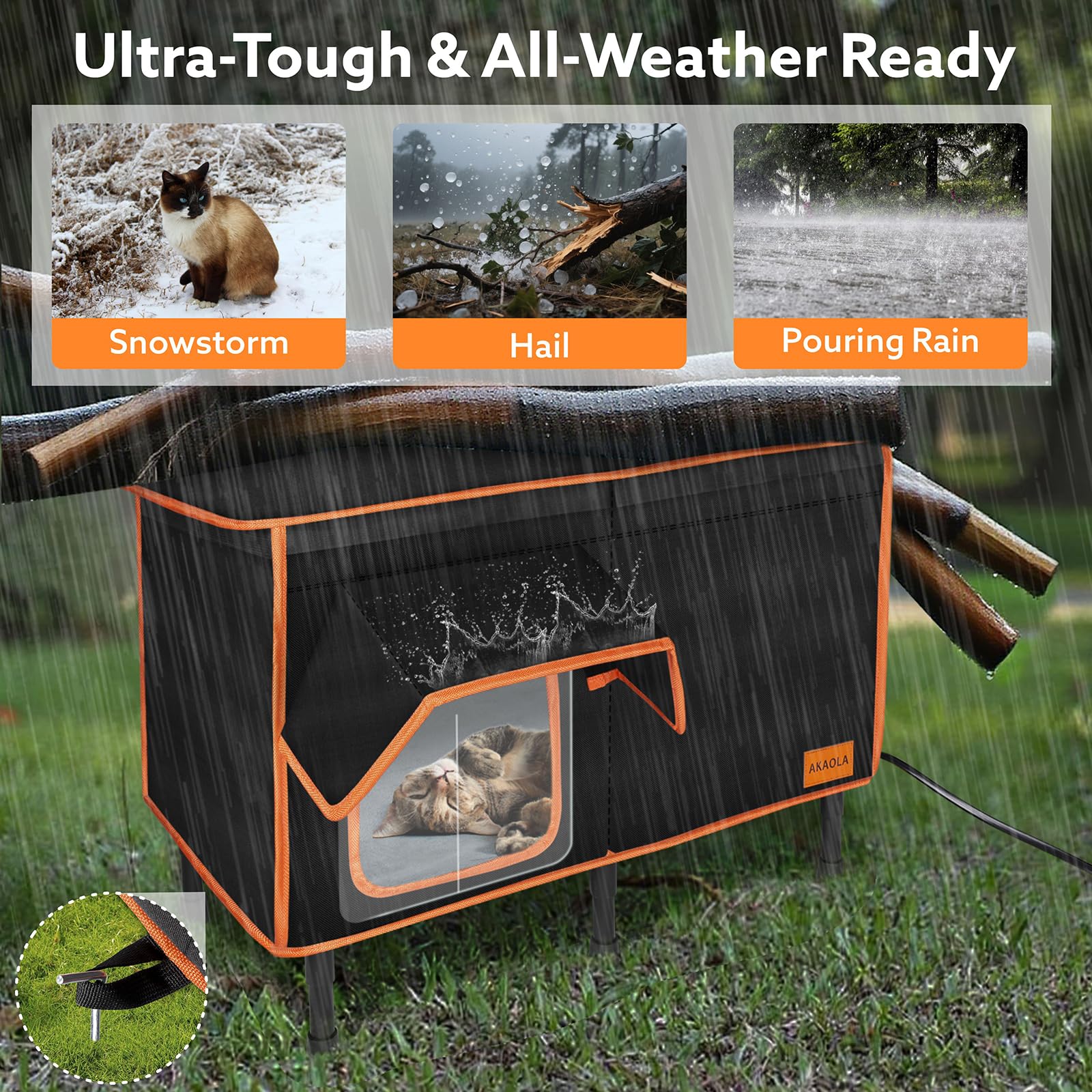 AKAOLA weatherproof shelter entrance illustrates dry protection against wind and rain.