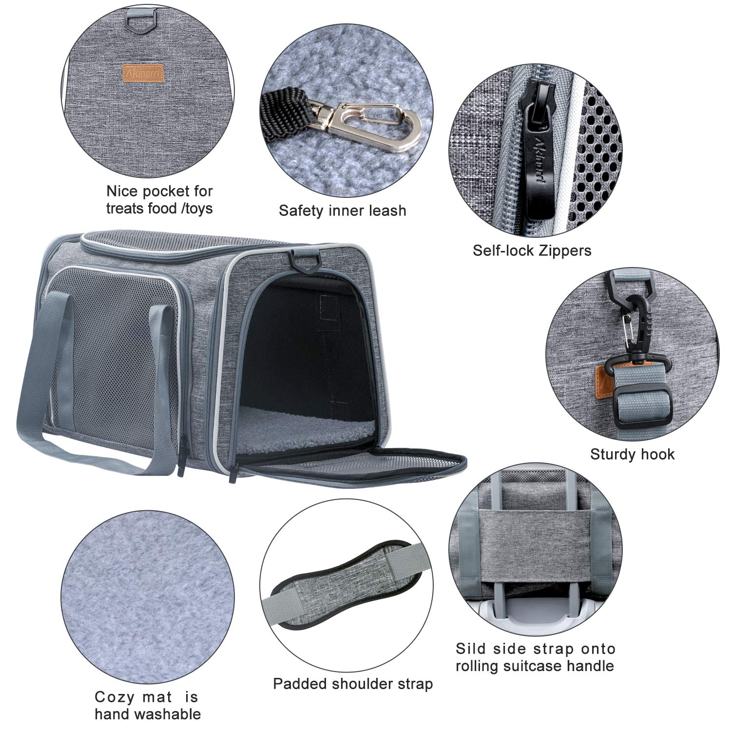 Akinerri airline-approved travel carrier kept secure in cabin or car