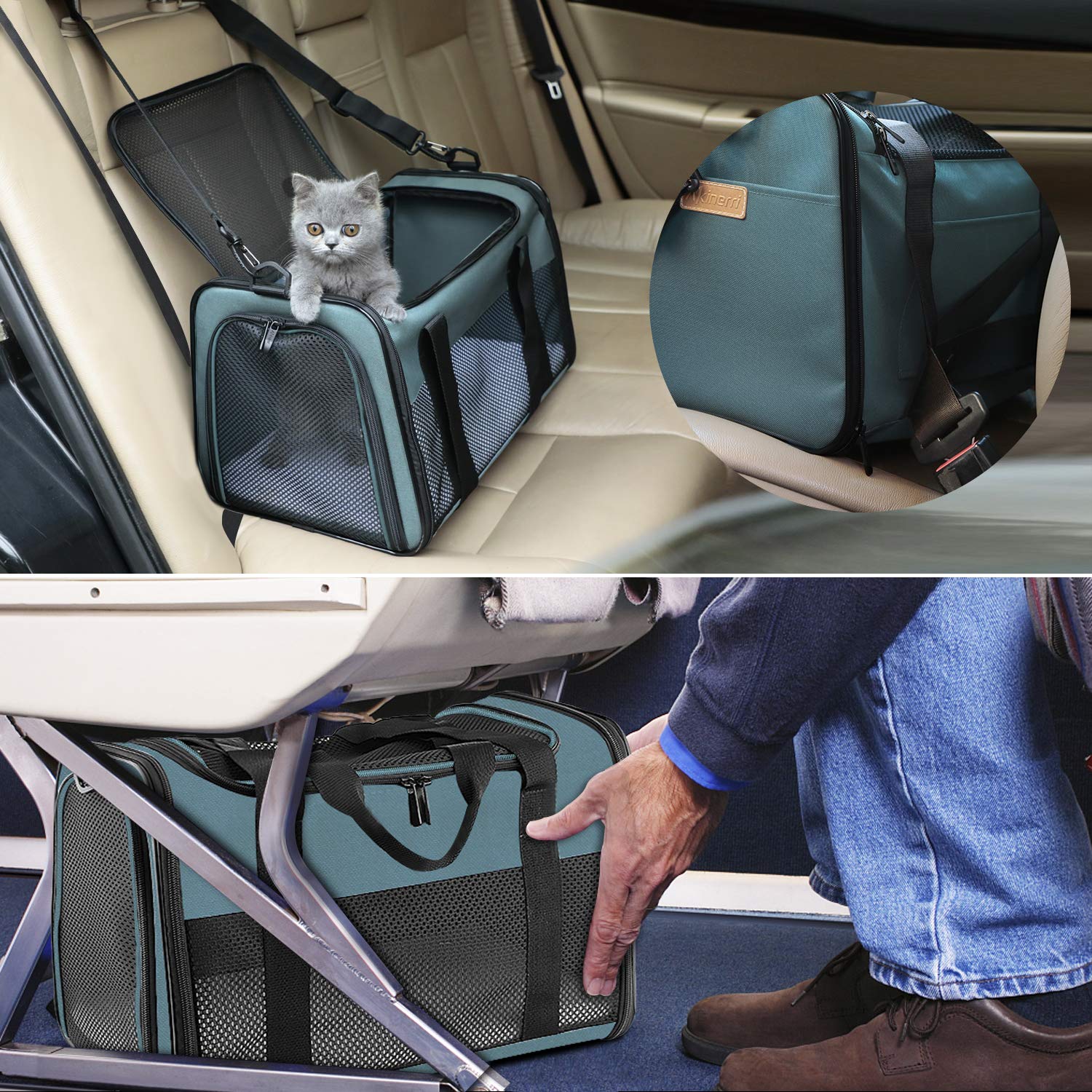 Akinerri airline-approved pet carrier shown secured in car seat.