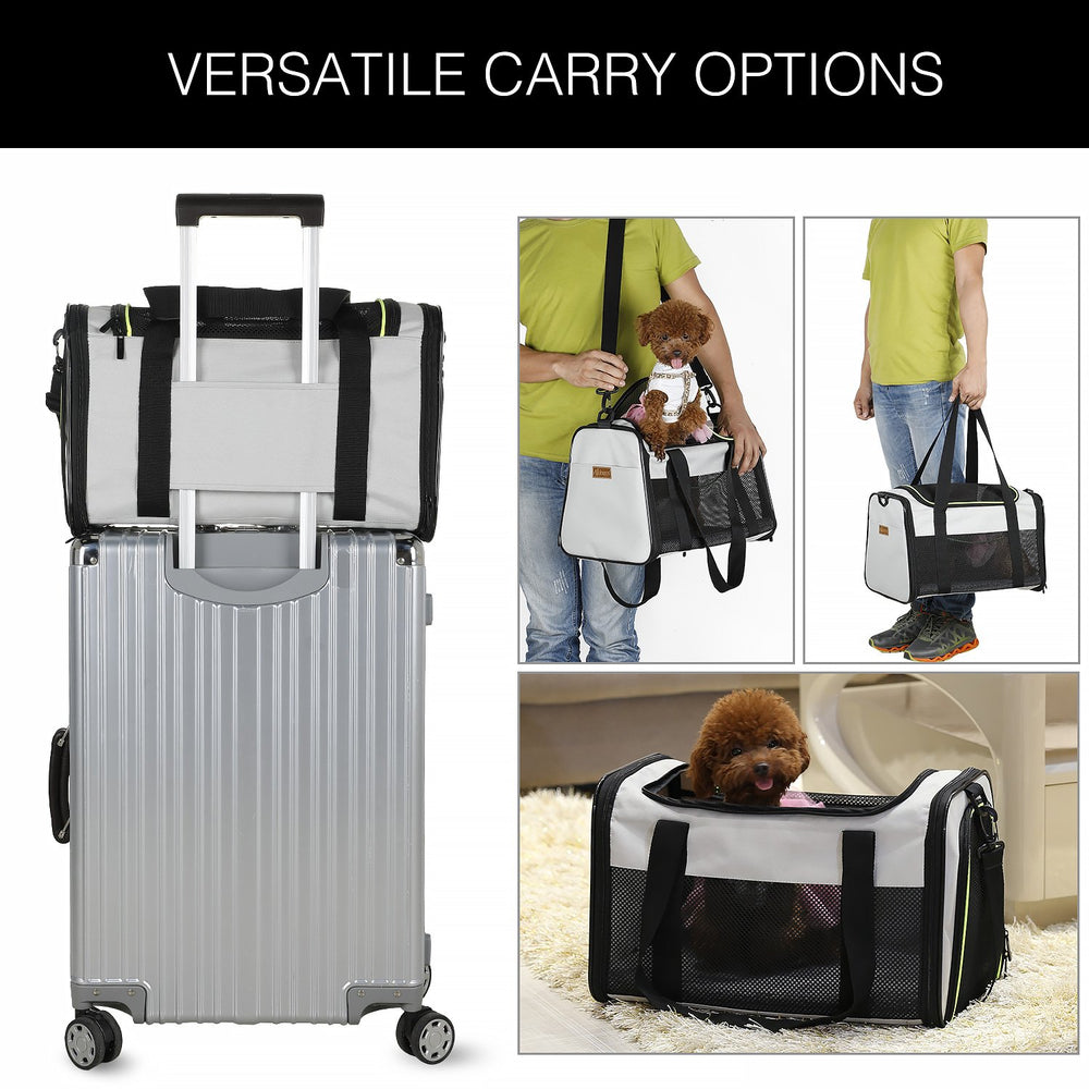 Akinerri cat carrier fleece pad and mesh ventilation for comfort.