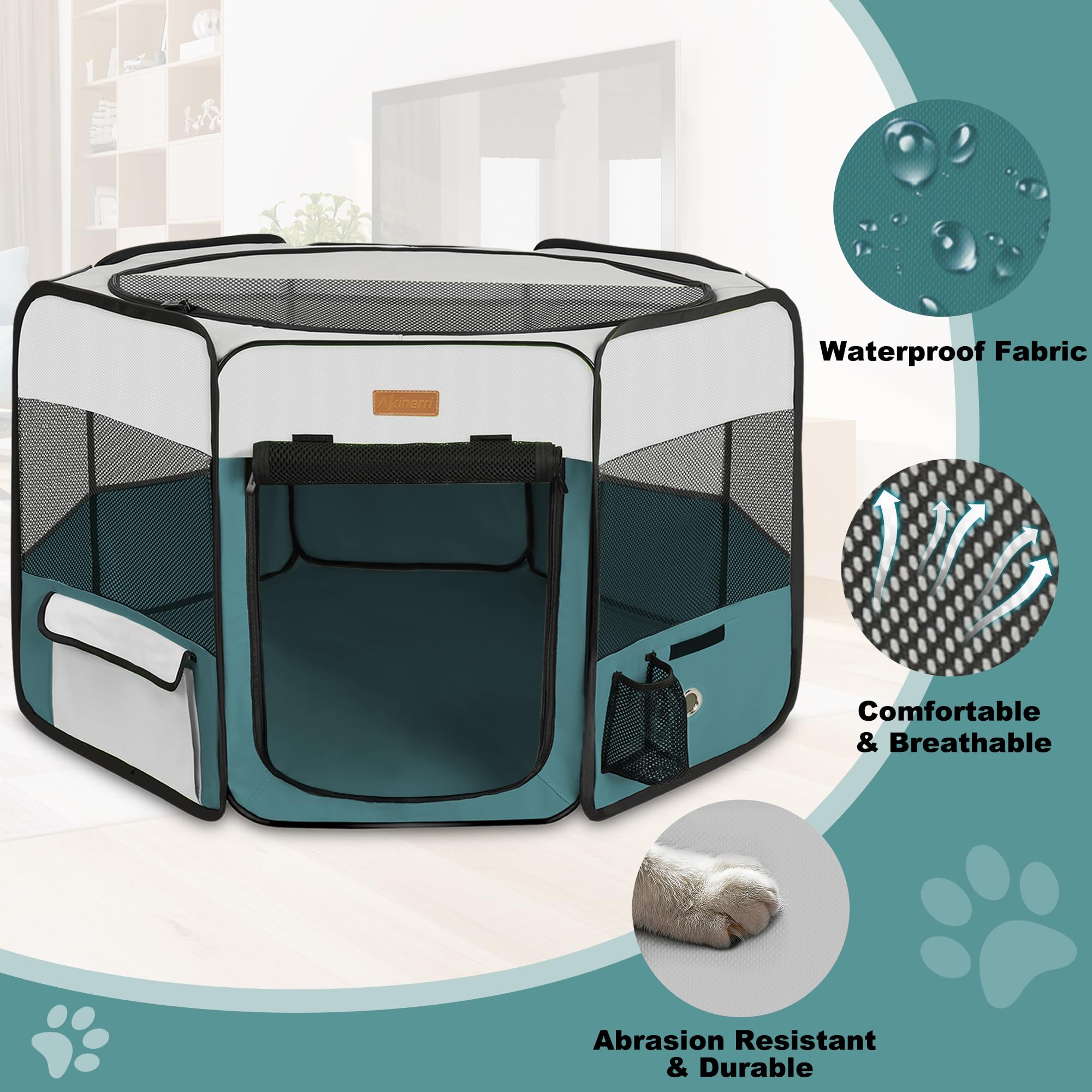 Akinerri dog playpen-side-door highlights easy entry and exit through a zip opening.