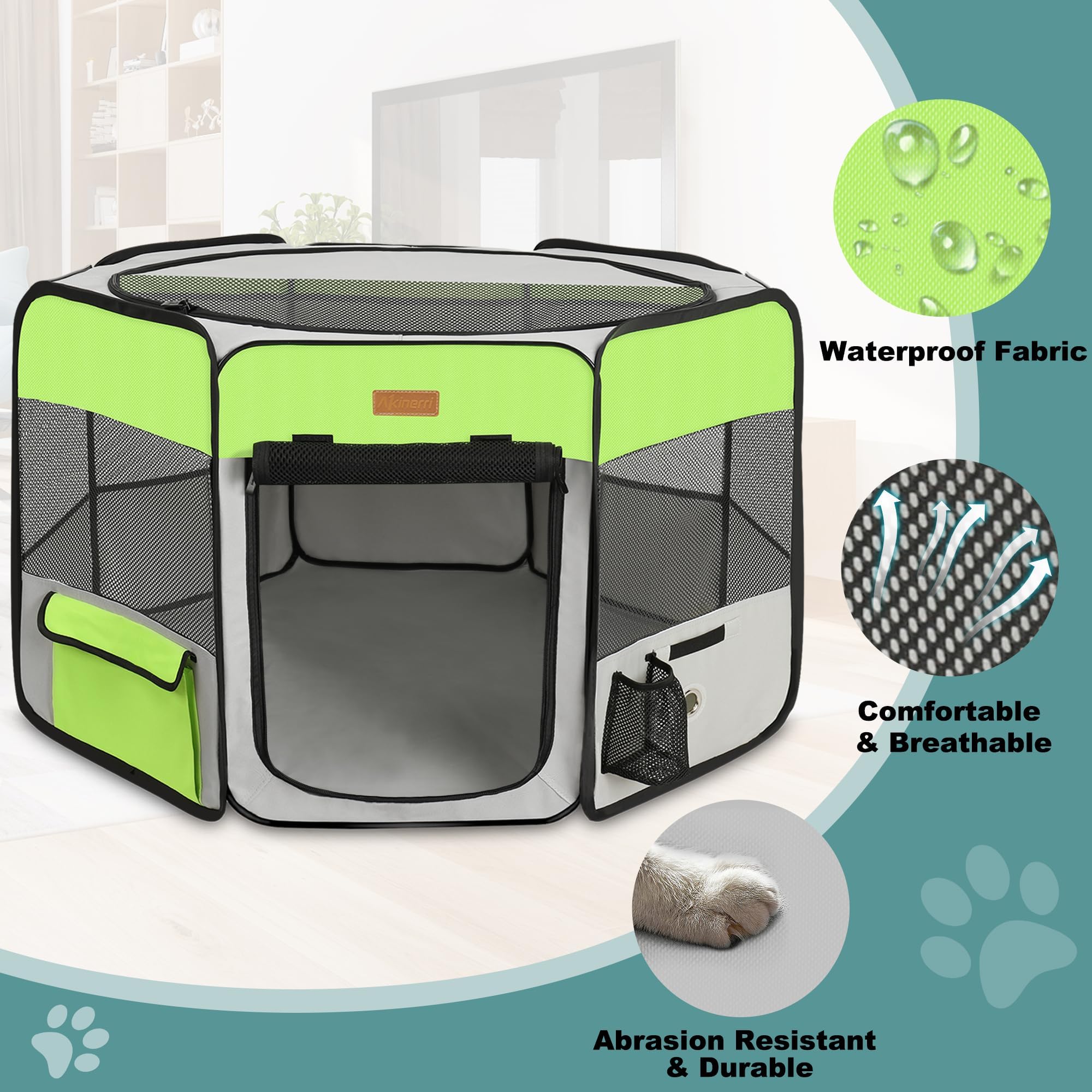 Akinerri dog playpen side zipper door enables easy entry and exit.