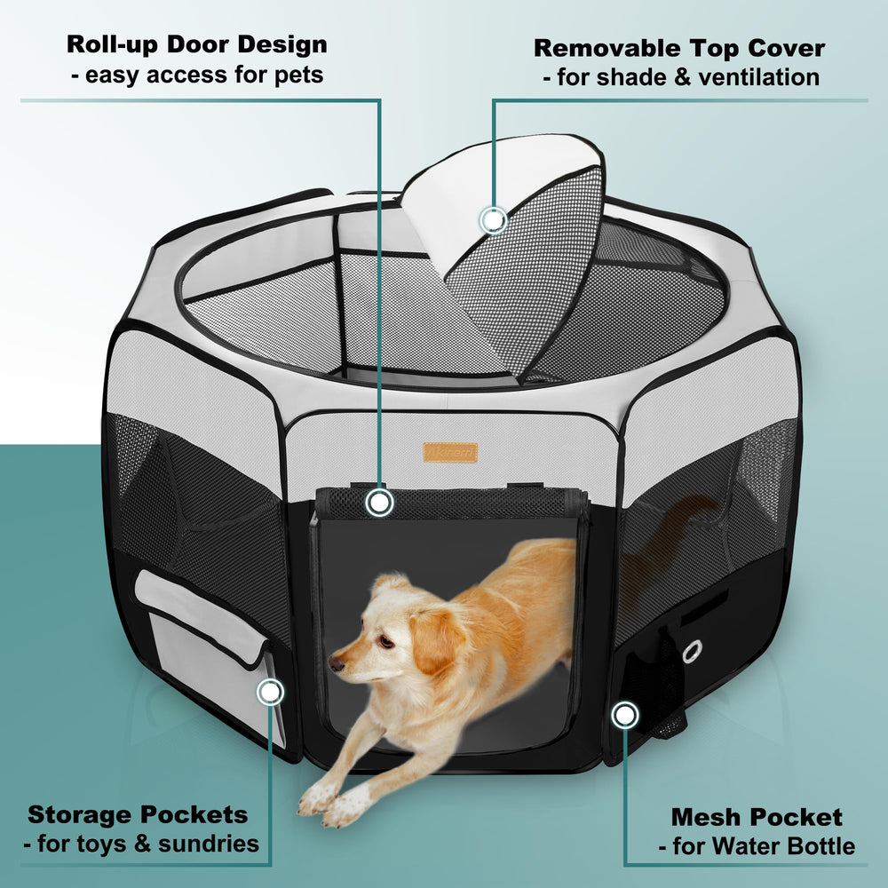 Akinerri dog playpen side-zippered entry door enables easy pet access.