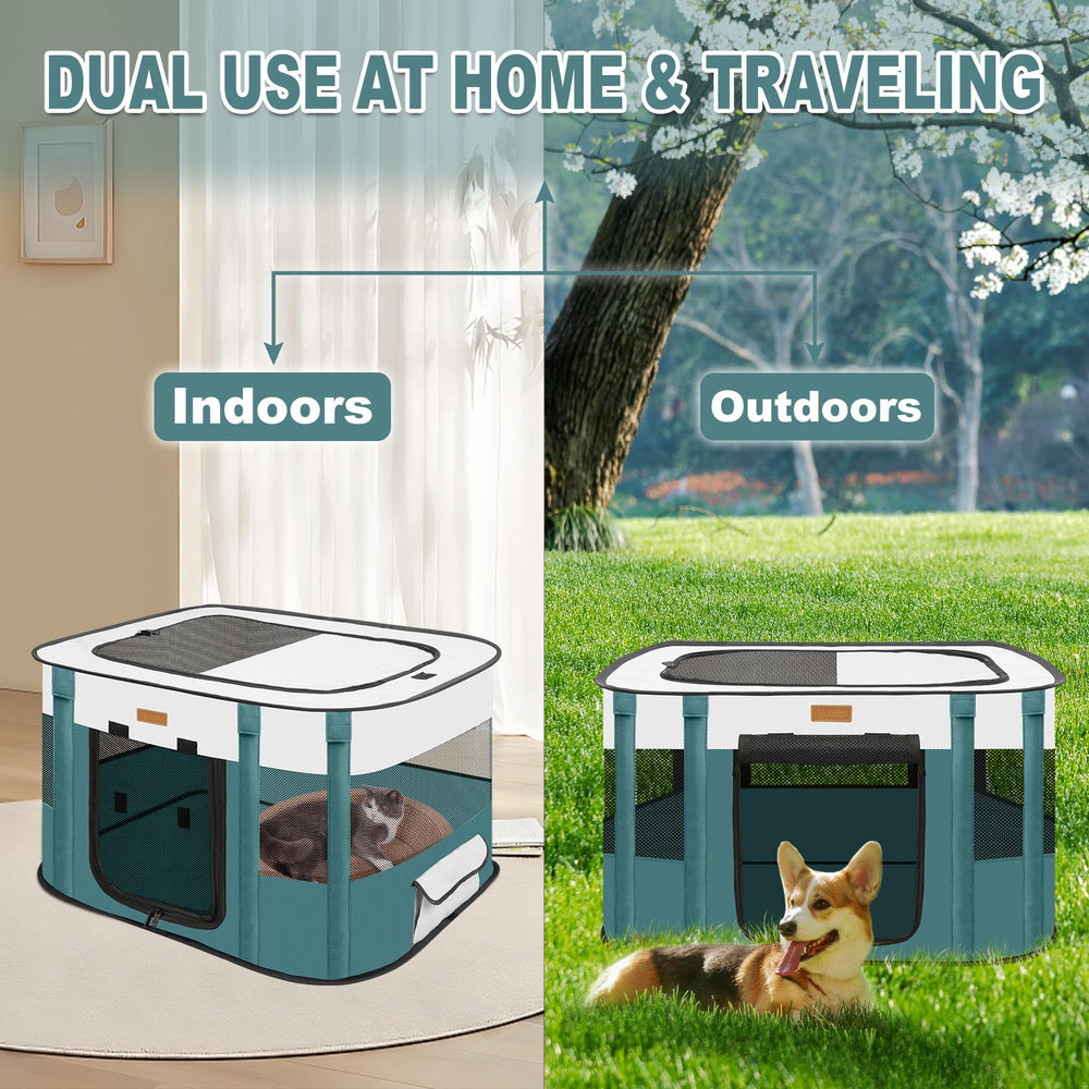 Akinerri foldable dog playpen blue medium carrying bag supports travel-ready setup