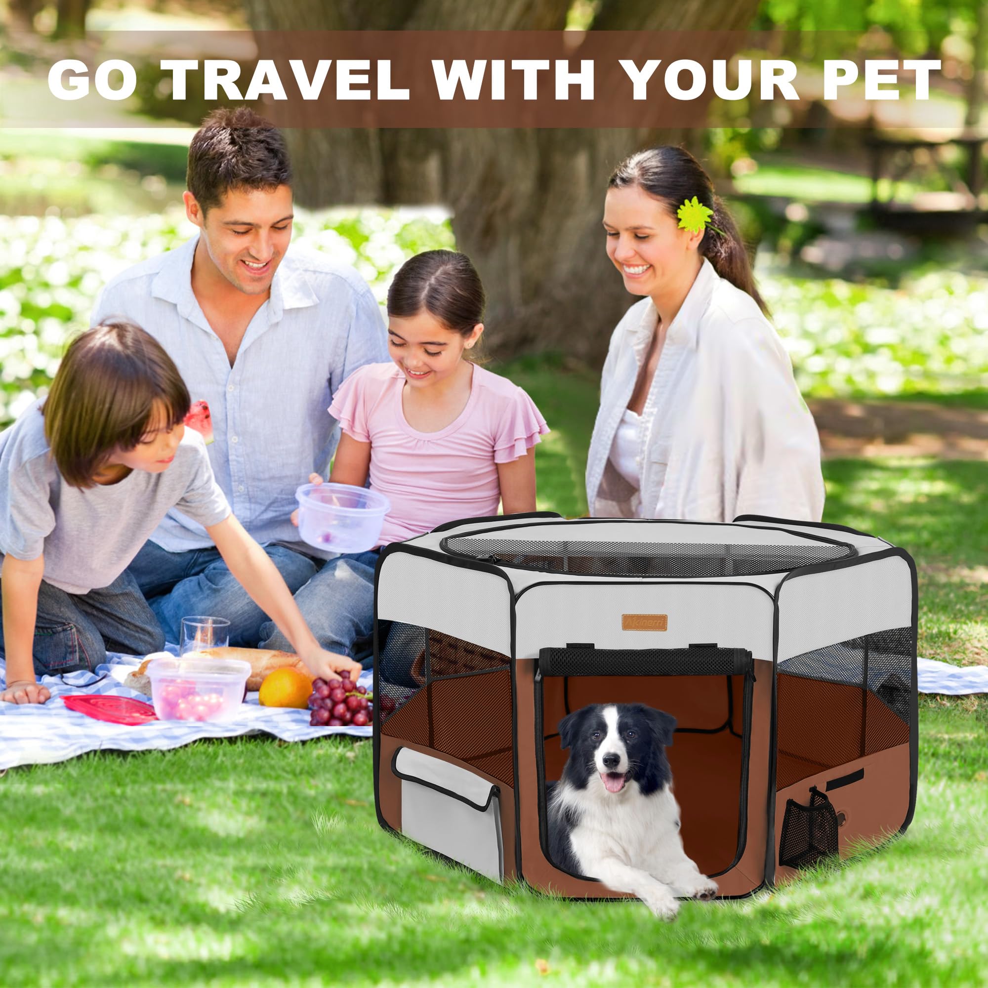 Akinerri outdoor camping pet playpen designed for travel and outdoor adventures.
