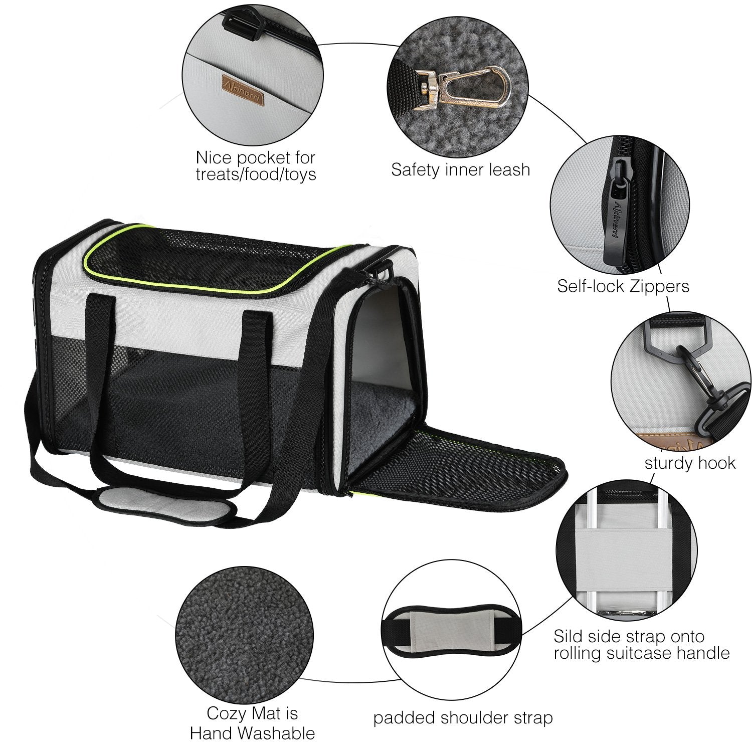 Akinerri pet carrier airline-approved for cabin travel and car-seat security.