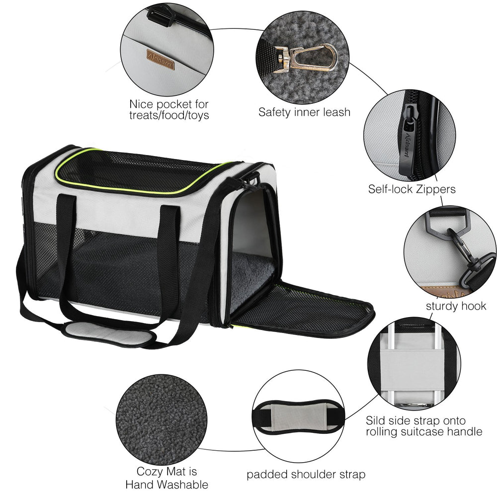 Akinerri pet carrier airline-approved for cabin travel and car-seat security.