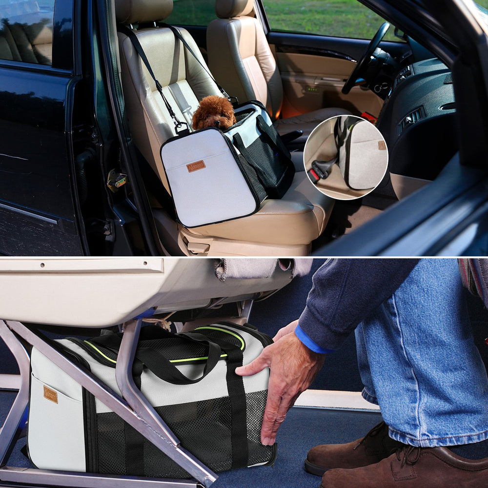 Akinerri pet carrier car-seat attachment enables secure road travel for small pets.