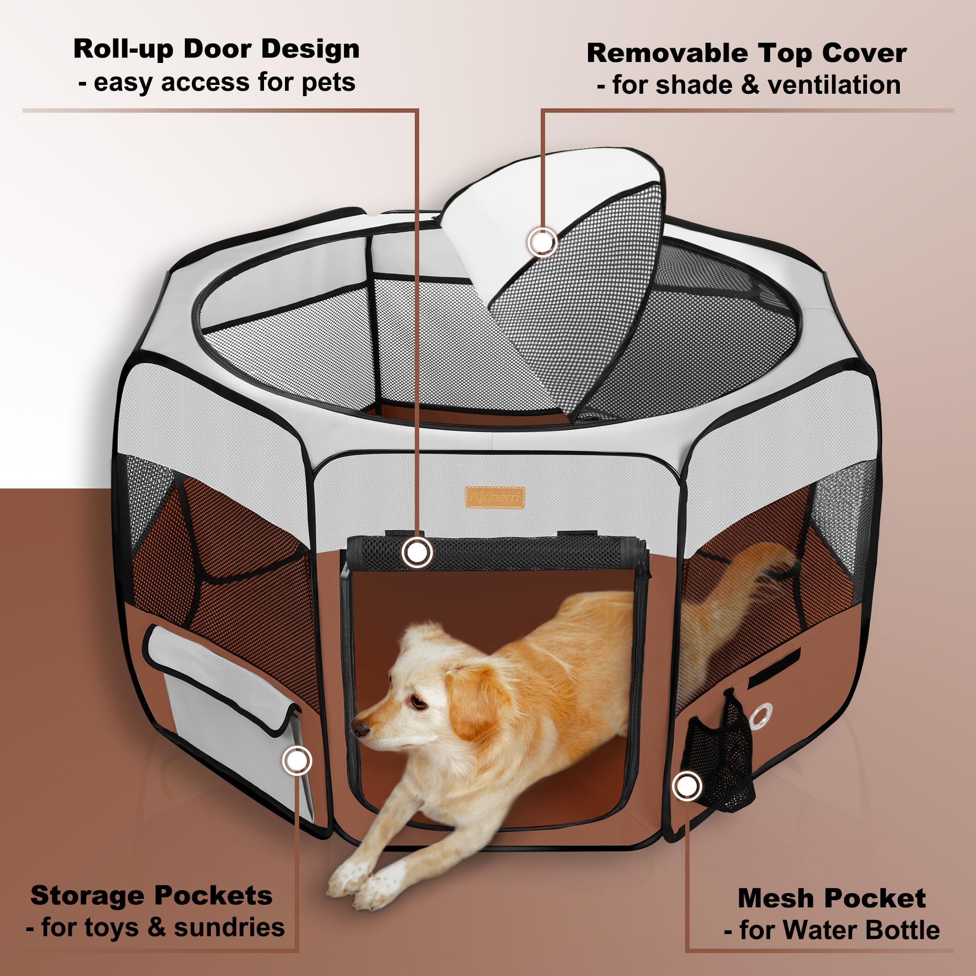 Akinerri pet playpen side pocket storage keeps toys and water handy.