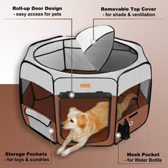 Akinerri pet playpen side pocket storage keeps toys and water handy.