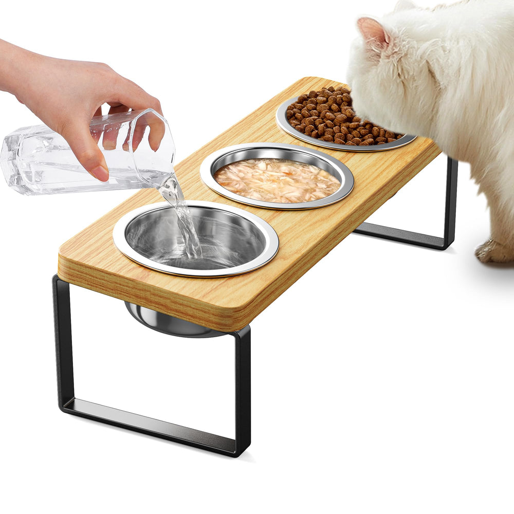 AKAOLA elevated cat bowls with three bowls and stand for comfortable small-pet dining.