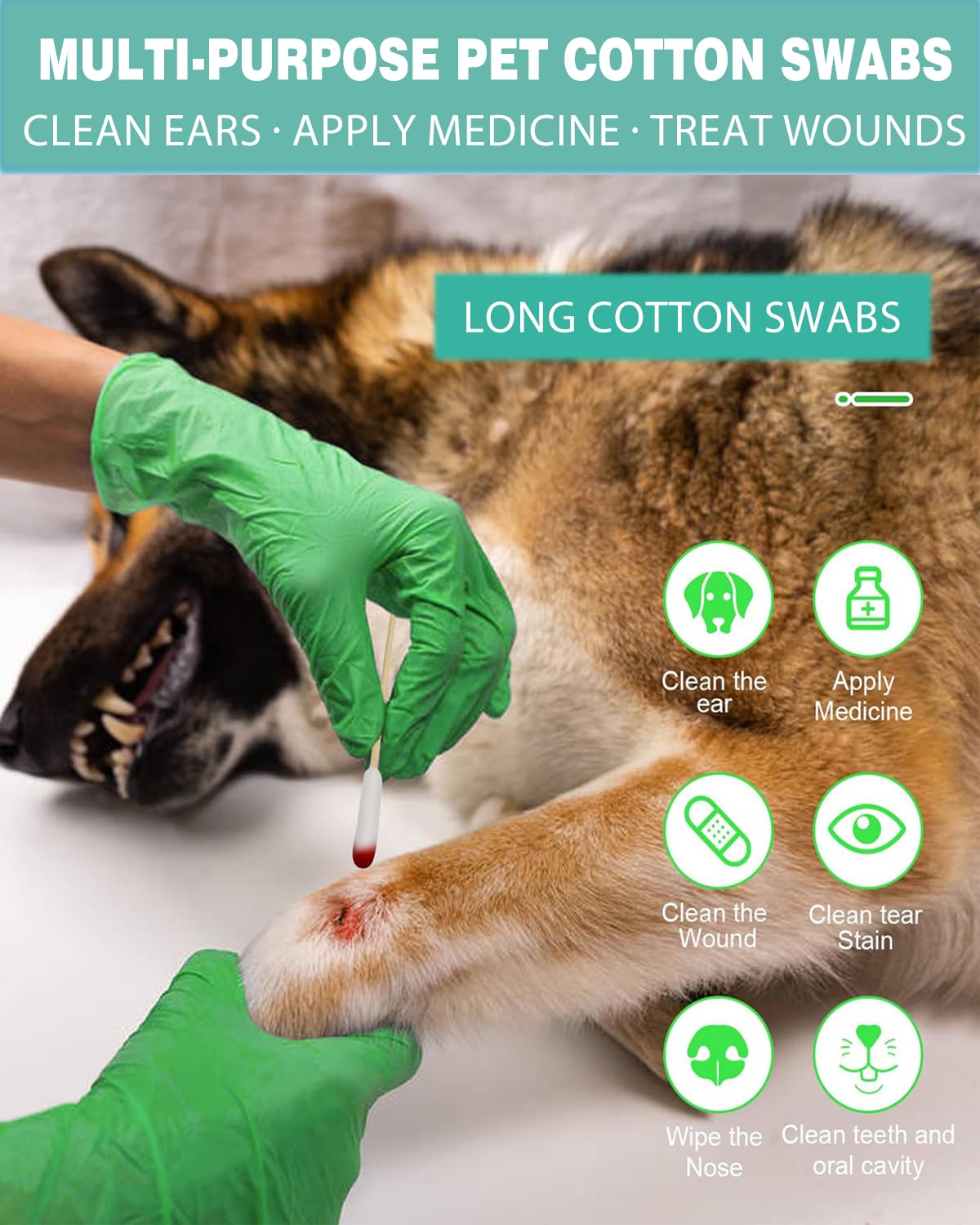 AkoSlale dog ear swabs close-up tips demonstrate lint-free, absorbent heads for debris pickup