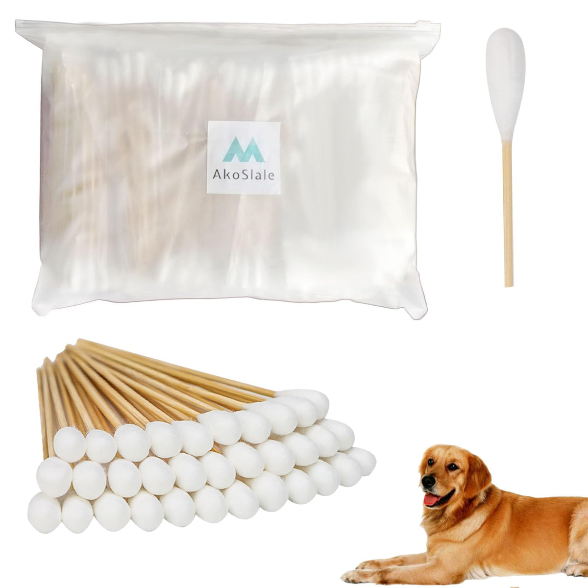 AkoSlale 7-inch bamboo cotton swabs in bulk pack for thorough dog ear cleaning.