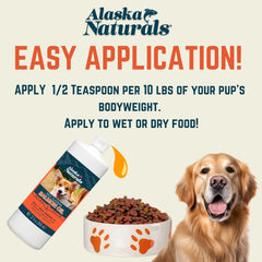 Alaska Naturals Salmon Oil liquid coat shine—blends smoothly with kibble.