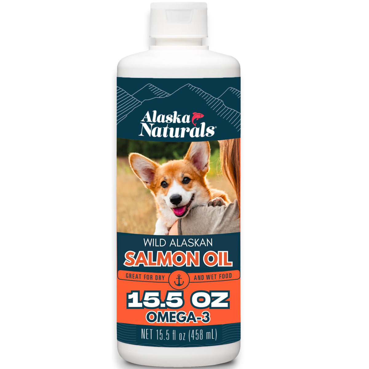 Alaska Naturals Wild Salmon Oil bottle pour—easy daily coat support for meals.