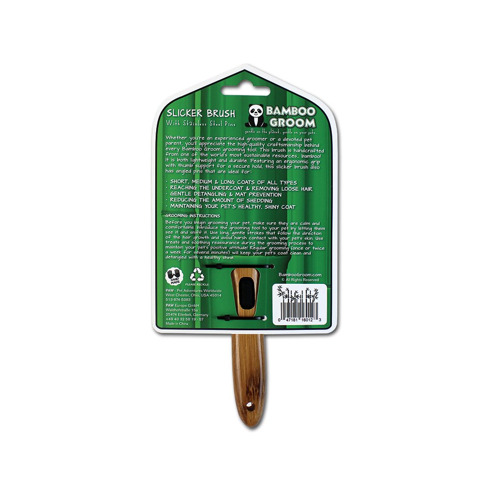 Alcott Bamboo Groom Slicker Brush in-use pet brush reduces shedding and improves coat tidiness.