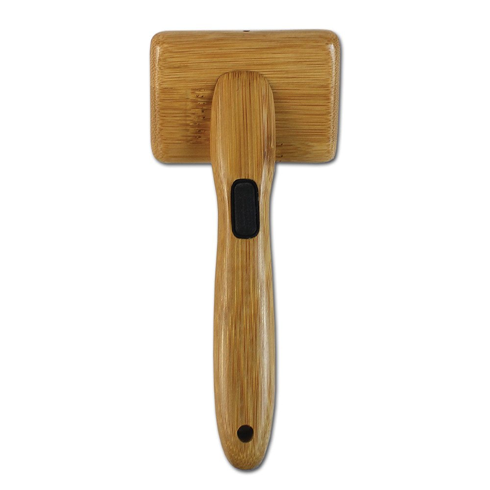 Alcott Bamboo Groom Slicker Brush stainless steel pins deliver effective detangling on medium coats.
