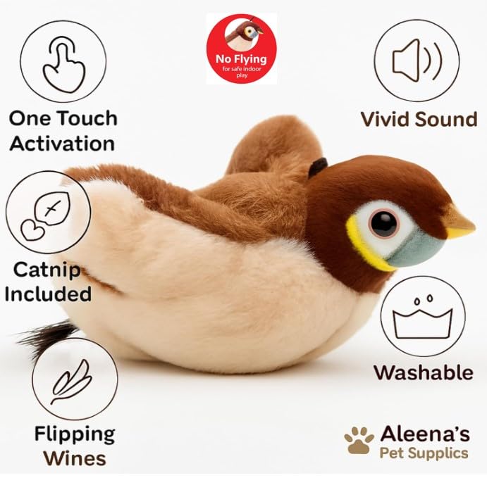 Aleena Bird Toy with chirp and motion sensor at play moment demonstrating automatic activation.