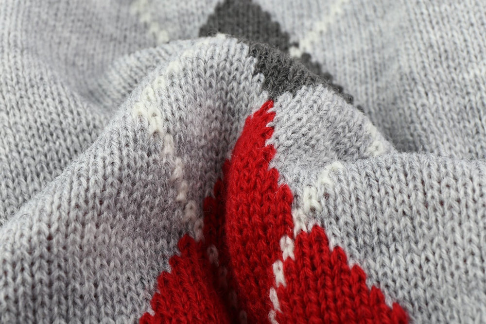 Alemon Grey Argyle Knit Pet Sweater side view highlights easy pullover design.