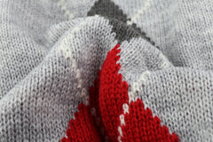 Alemon Grey Argyle Knit Pet Sweater side view highlights easy pullover design.