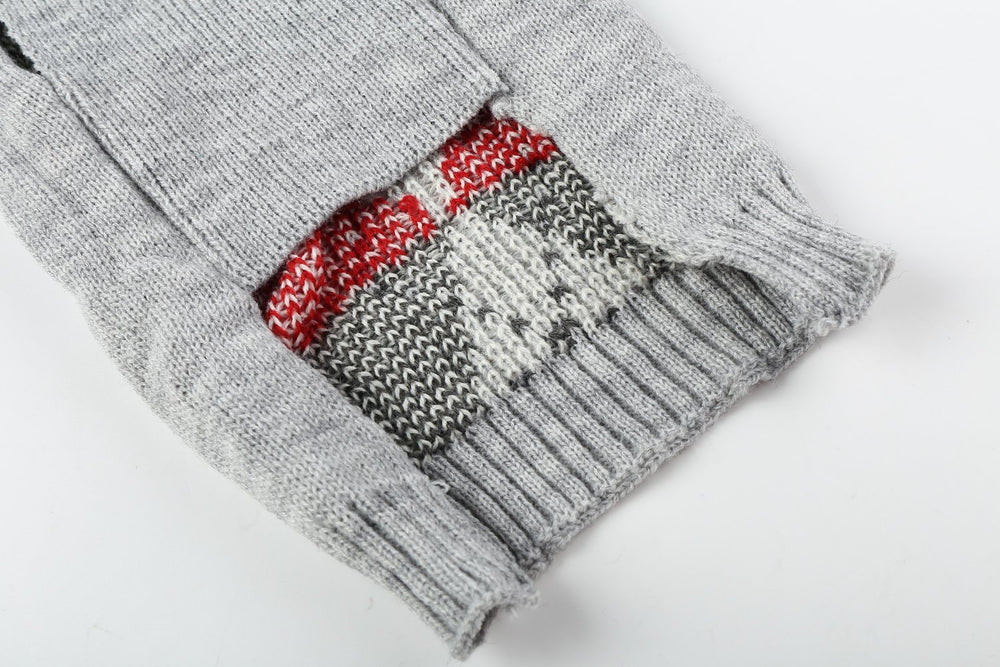 Alemon Grey Argyle Knit Pet Sweater pullover detail shows stretchy knit ease.