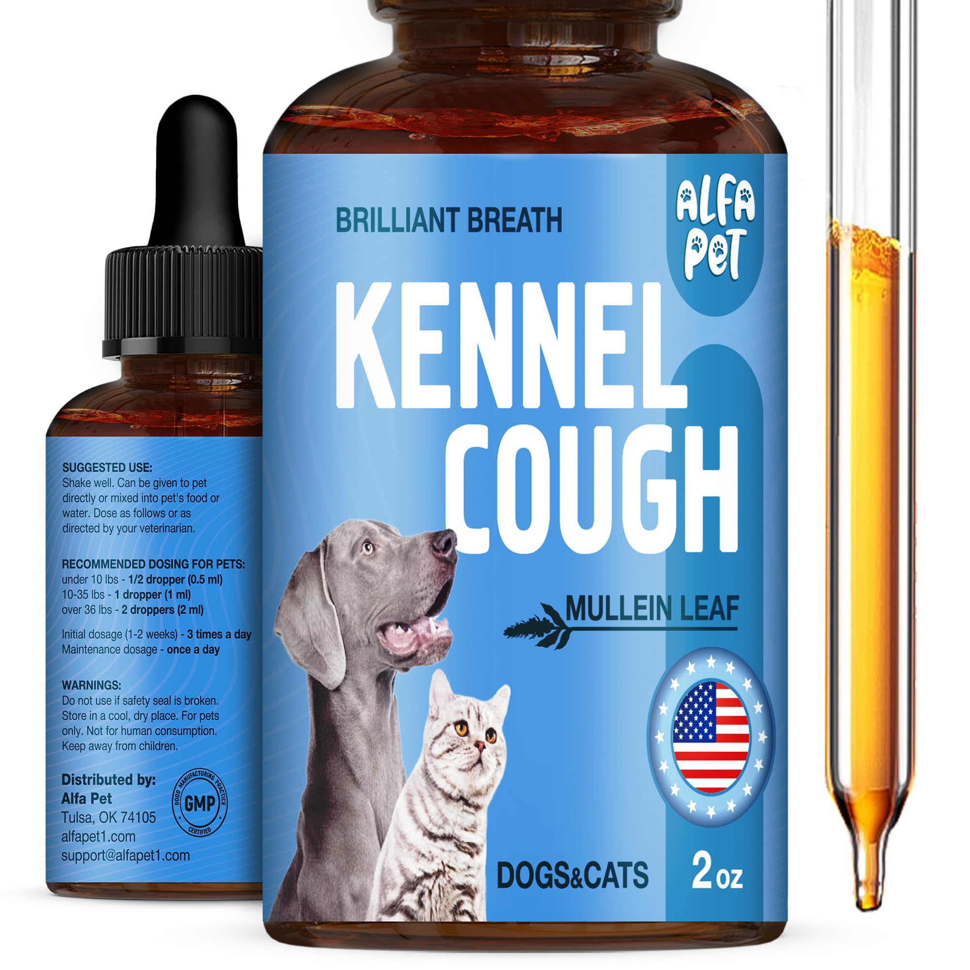 Alfa Pet dog cough liquid bottle ready for easy drop administration for breathing support.