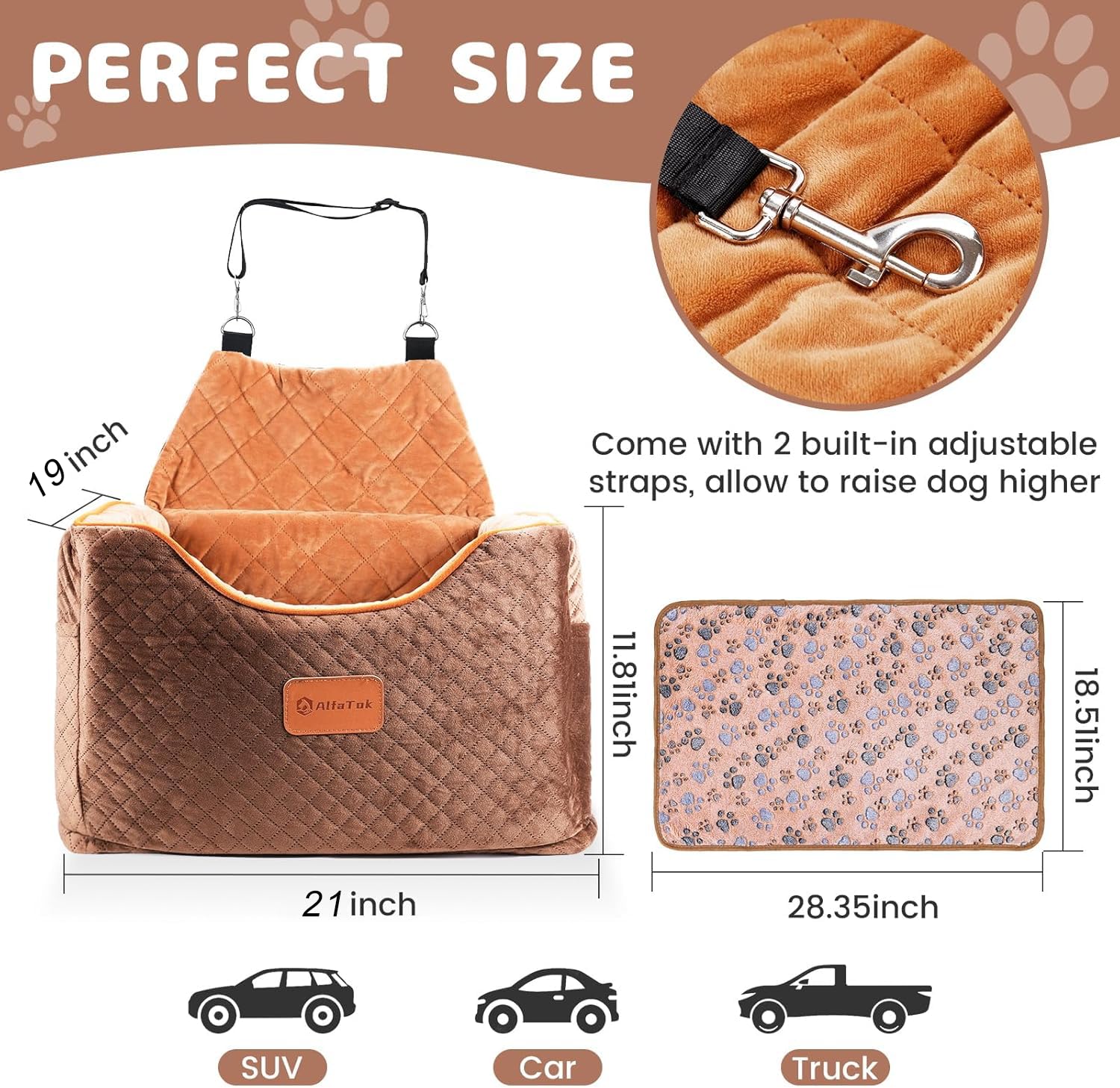 AlfaTok memory foam booster dog car seat harness-attachment illustrates secure harness tethering