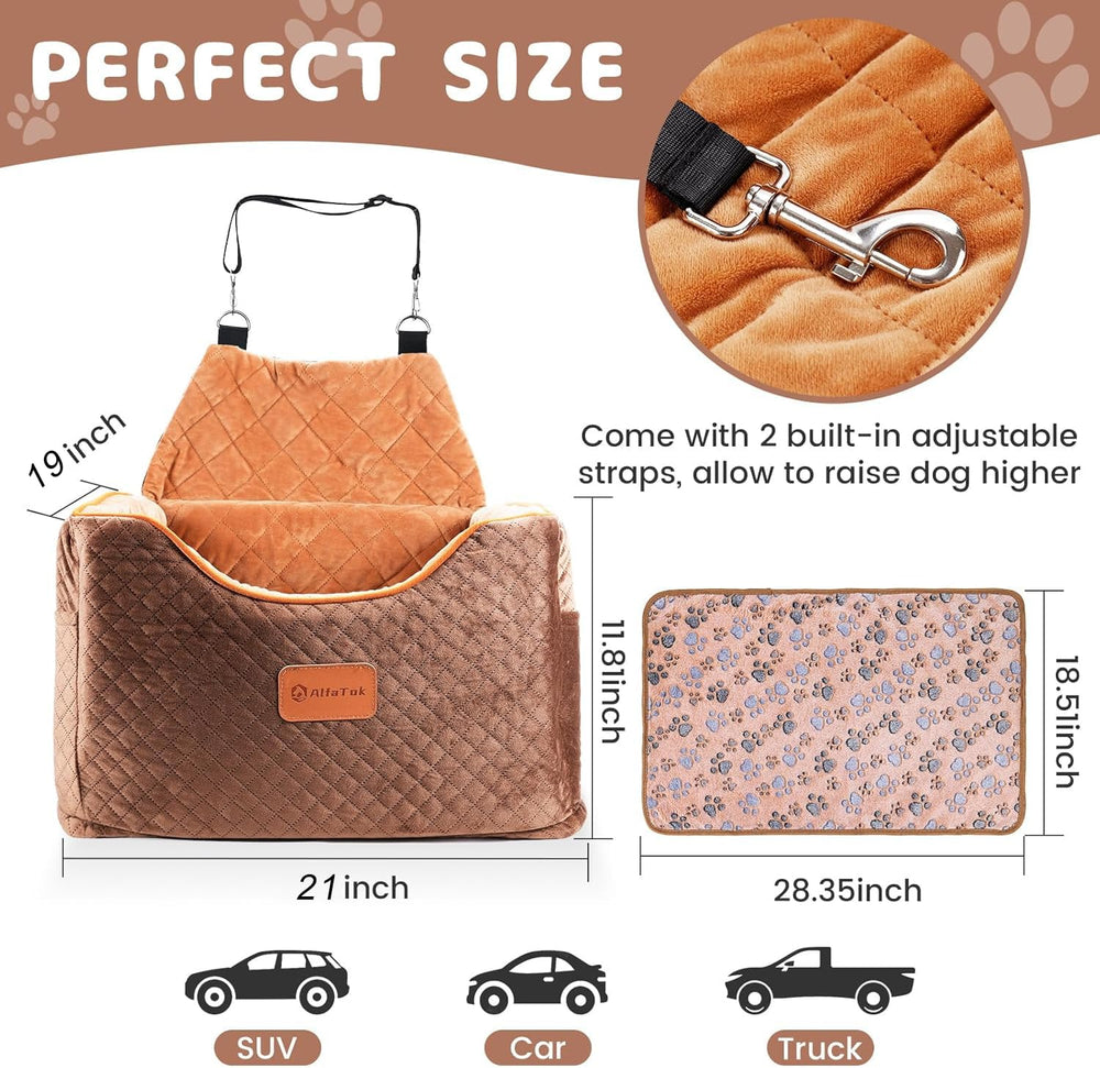 AlfaTok memory foam booster dog car seat harness-attachment illustrates secure harness tethering