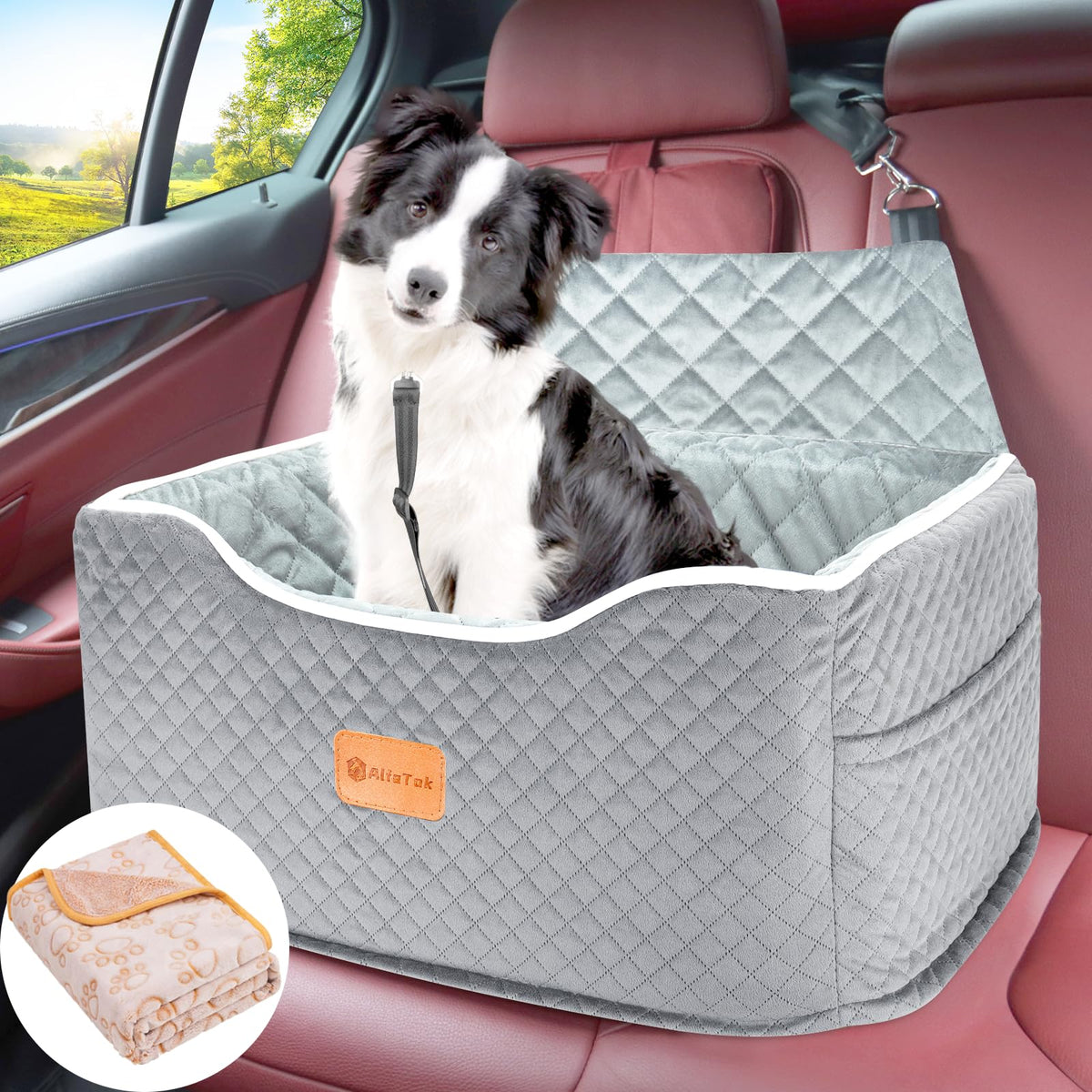 AlfaTok memory foam booster dog seat back view showing elevated position for better visibility and comfort