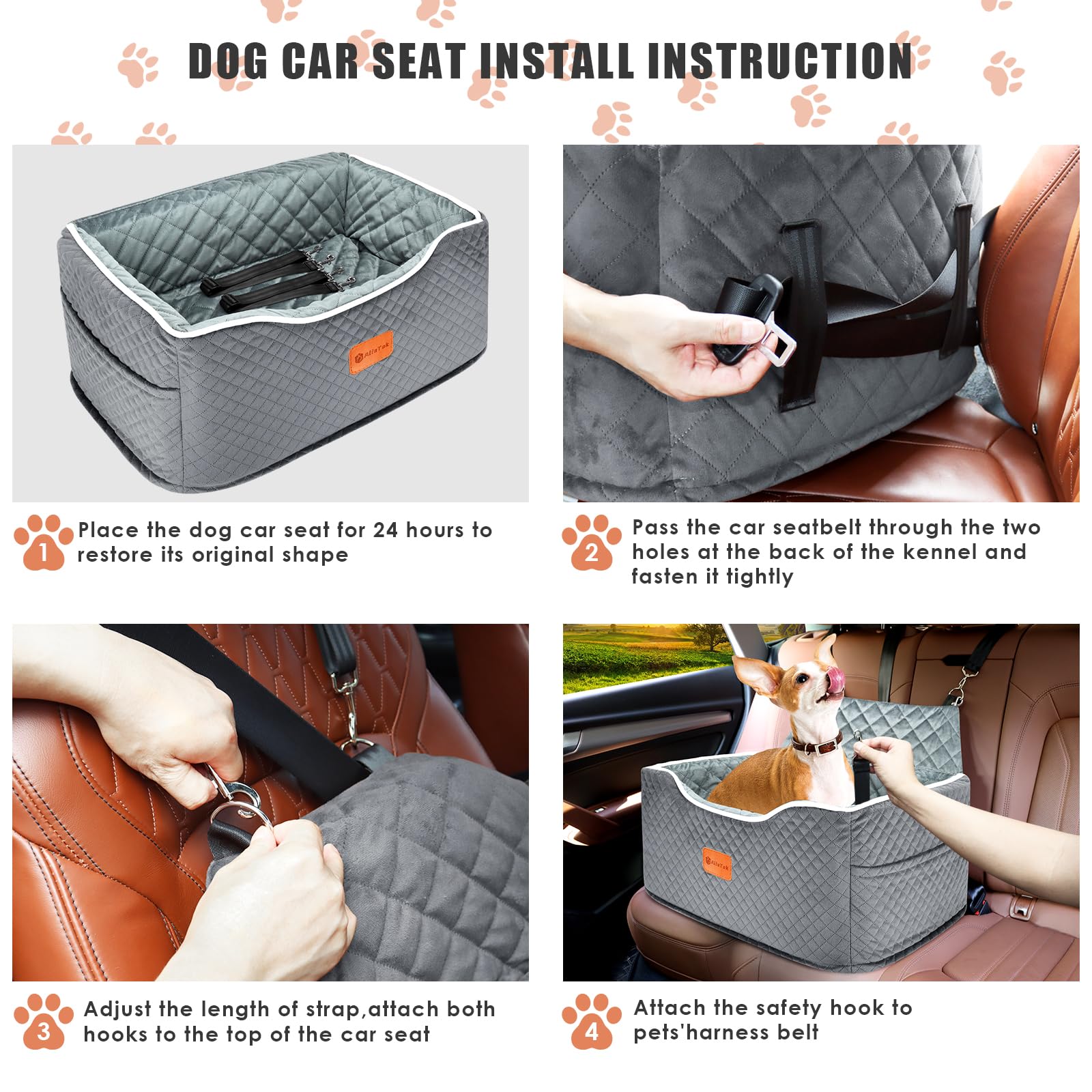 AlfaTok memory foam booster dog seat easy-install setup with car seat anchor