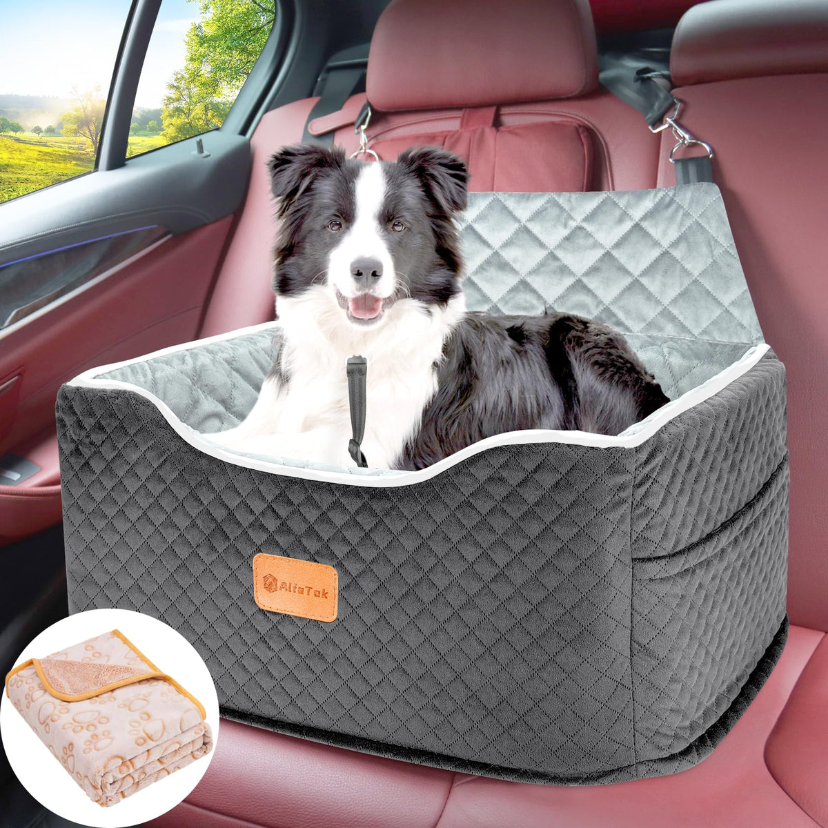 AlfaTok memory foam booster seat front view showing elevated travel comfort for medium dogs.
