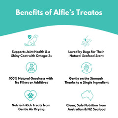 ALFIE'S TREATOS air-dried mussels closeup—aroma and texture for chewing.
